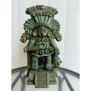 Mayan Aztec Crushed Stone Malachite Statue Mexico Vintage Green 10.5” Figure